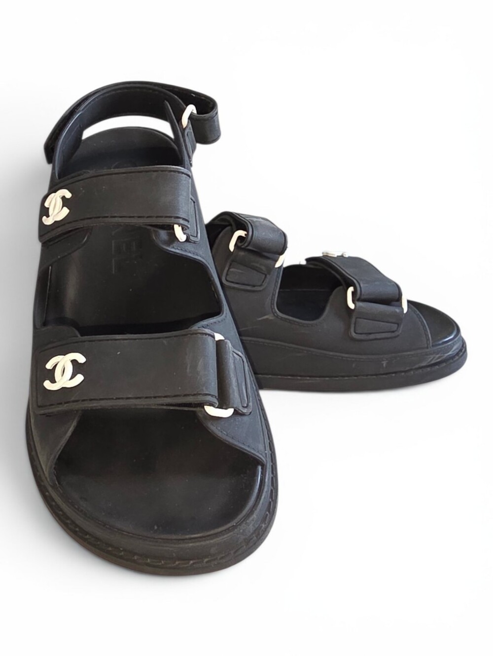 CHANEL Black Leather Logo Double-Strap Sandals